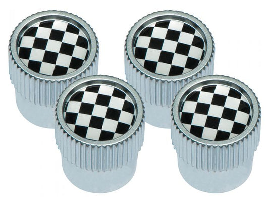 DA1436 - TYRE VALVE CAPS WITH BLACK AND WHITE CHEQUERED FLAG DESIGN AND SILVER OUTER