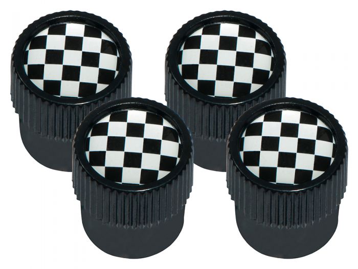 DA1437 - TYRE VALVE CAPS WITH BLACK AND WHITE CHEQUERED FLAG DESIGN AND BLACK OUTER