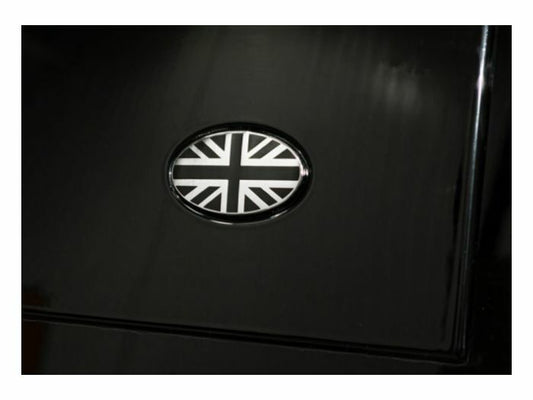 DA7638 - UNION JACK OVAL BADGE - BLACK  SILVER - 70MM X 37MM - COMES COMPLETE WITH SELF-ADHESIVE FOAM BACKING