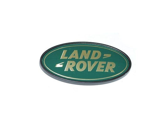 DAH100680 - LAND ROVER REAR BADGE IN GREEN AND GOLD - FITS TO ANY FLAT SURFACE ON RANGE ROVER OR LAND ROVER - GENUINE LAND ROVER