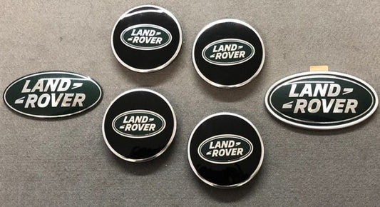 LRC1350 - BRAND NEW GREEN AND SILVER LAND ROVER BADGE KIT - FRONT AND REAR BADGE AND 4 X WHEEL CAPS FOR RANGE ROVER AND LAND ROVER VEHICLES