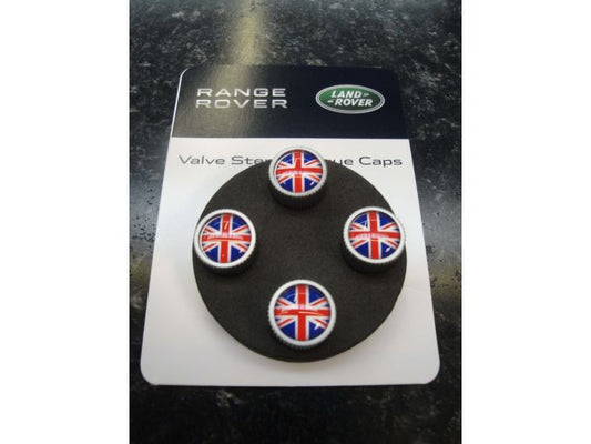 VPLRW0151 - PREMIUM DUST CAP COVERS - SET OF FOUR WITH UNION JACK EMBLEM - GENUINE LAND ROVER OPTION AVAILABLE